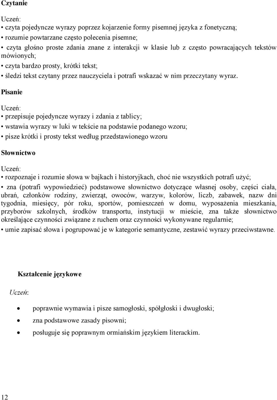 Pisanie Uczeń: przepisuje pojedyncze wyrazy i zdania z tablicy; wstawia wyrazy w luki w tekście na podstawie podanego wzoru; pisze krótki i prosty tekst według przedstawionego wzoru Słownictwo Uczeń: