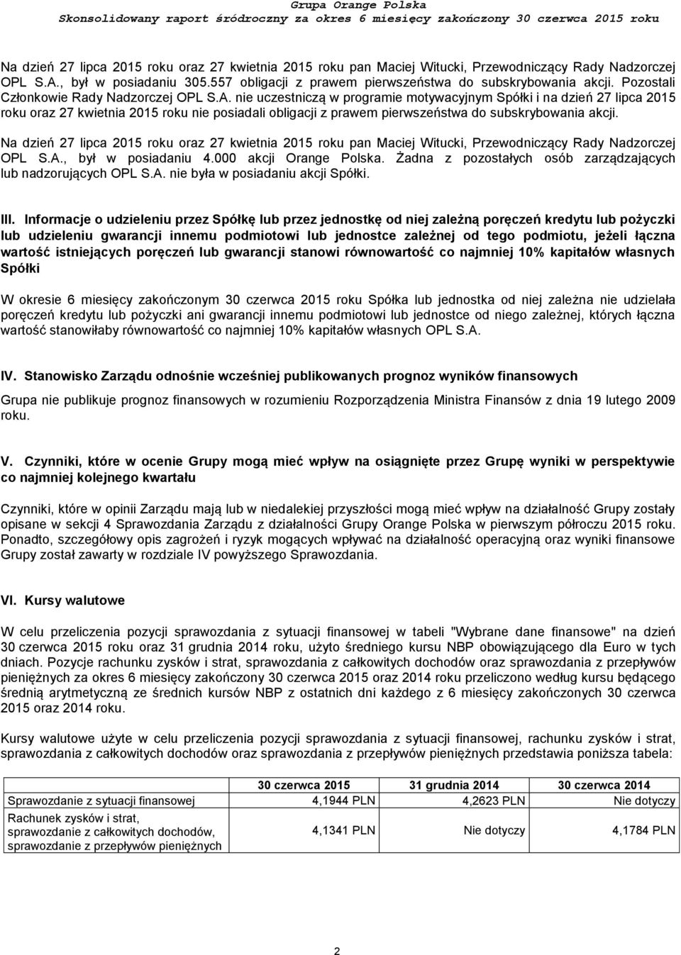 Na dzień 27 lipca 2015 roku oraz 27 kwietnia 2015 roku pan Maciej Witucki, Przewodniczący Rady Nadzorczej OPL S.A., był w posiadaniu 4.000 akcji Orange Polska.