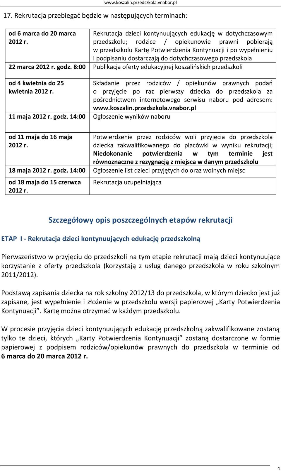 8:00 Publikacja oferty edukacyjnej koszalińskich przedszkoli od 4 kwietnia do 25 kwietnia 2012 r. 11 maja 2012 r. godz.