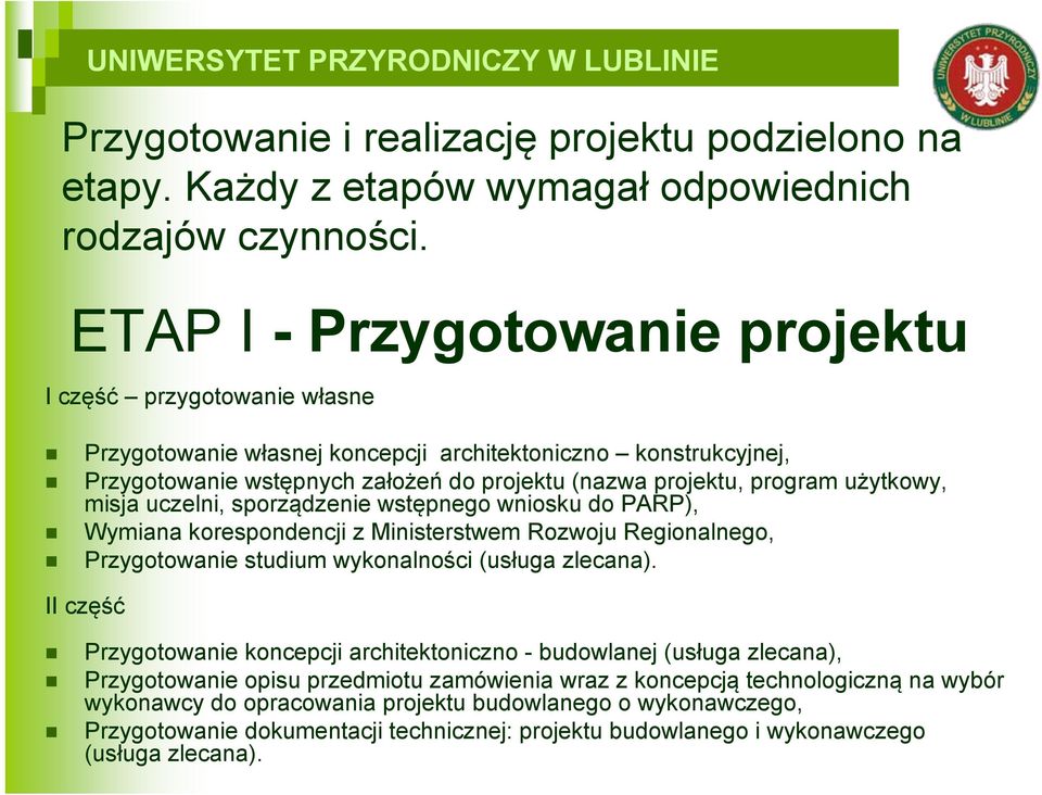 użytkowy, misja uczelni, sporządzenie wstępnego wniosku do PARP), Wymiana korespondencji z Ministerstwem Rozwoju Regionalnego, Przygotowanie studium wykonalności (usługa zlecana).