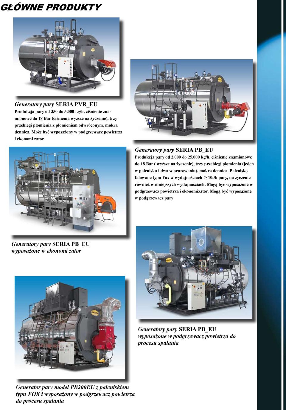 Może być wyposażony w podgrzewacz powietrza i ekonomi zator Generatory pary SERIA PB_EU Produkcja pary od 2.000 do 25.