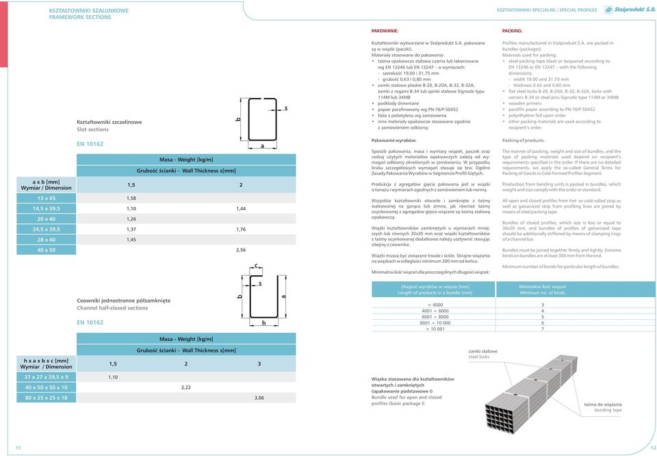 Materiały stosowane do pakowania: taśma opakowcza stalowa czarna lub lakierowana wg EN 13246 lub EN 13247 o wymiarach: - szerokość 19,00 i 31,75 mm - grubość 0,63 i 0,80 mm zamki stalowe płaskie