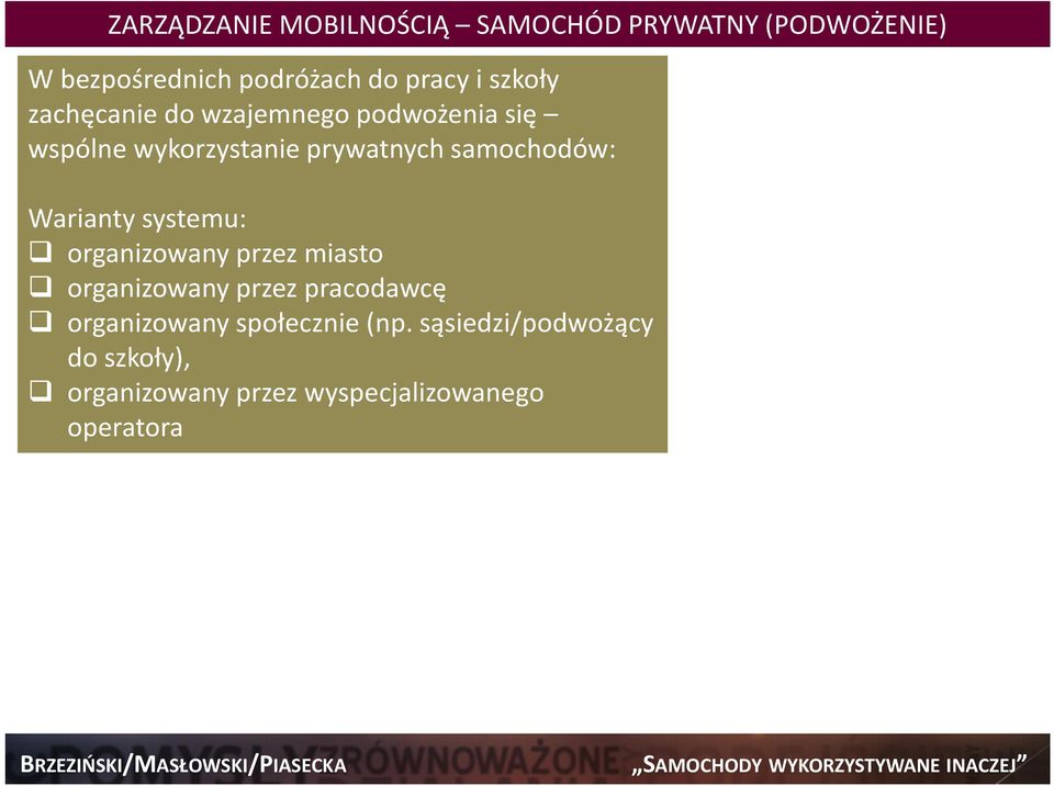 Warianty systemu: organizowany przez miasto organizowany przez pracodawcę organizowany