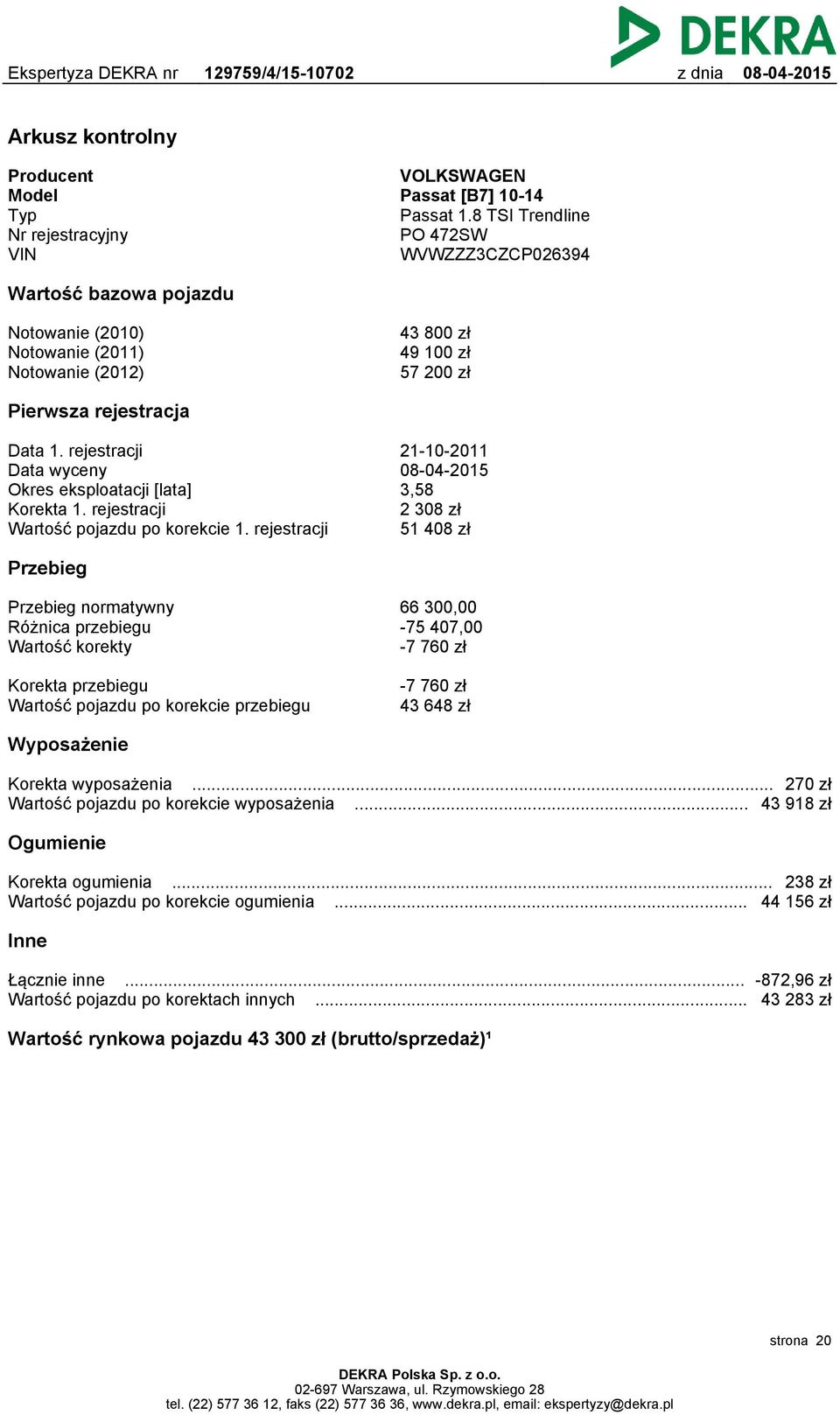 rejestracji Data wyceny Okres eksploatacji [lata] Korekta 1. rejestracji Wartość pojazdu po korekcie 1.