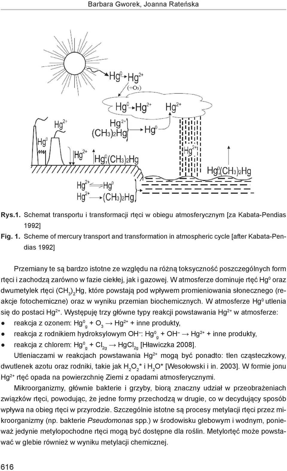 1. Schemat transportu i transformacji rtęci w obiegu atmosferycznym [za Kabata-Pendias 19