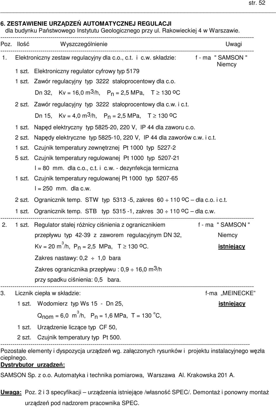 Ilość Wyszczególnienie Uwagi ------------------------------------------------------------------------------------------------------------------------------- 1. Elektroniczny zestaw regulacyjny dla c.