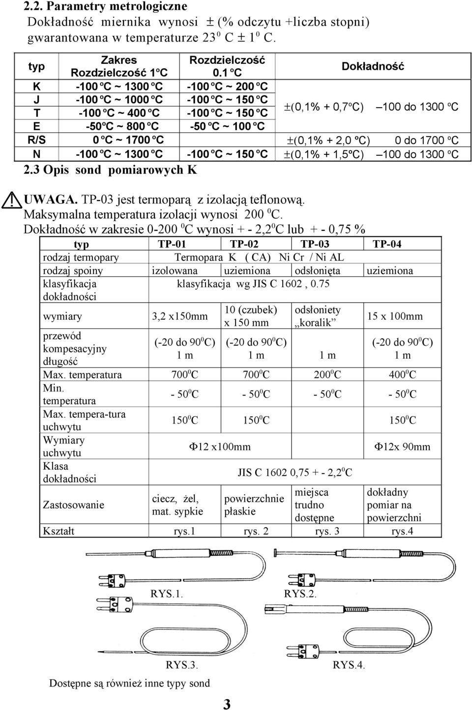 1 oc o -100 C ~ 200 oc -100 oc ~ 150 oc -100 oc ~ 150 oc -50 oc ~ 100 oc -100 oc ~ 150 oc Dokładność ±(0,1% + 0,7oC) 100 do 1300 oc ±(0,1% + 2,0 oc) 0 do 1700 oc ±(0,1% + 1,5oC) 100 do 1300 oc 2.