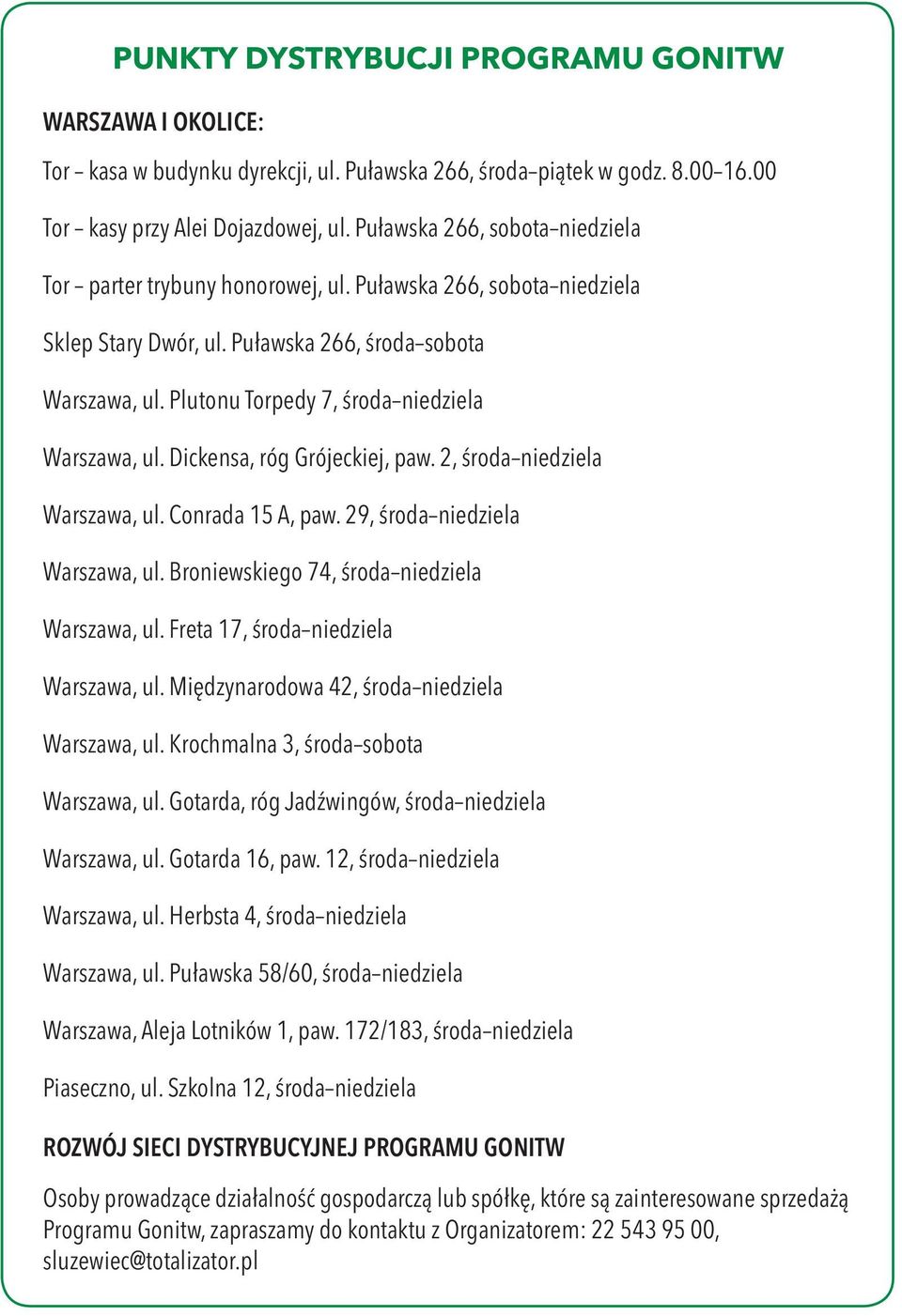 Plutonu Torpedy 7, środa niedziela Warszawa, ul. Dickensa, róg Grójeckiej, paw. 2, środa niedziela Warszawa, ul. Conrada 15 A, paw. 29, środa niedziela Warszawa, ul.