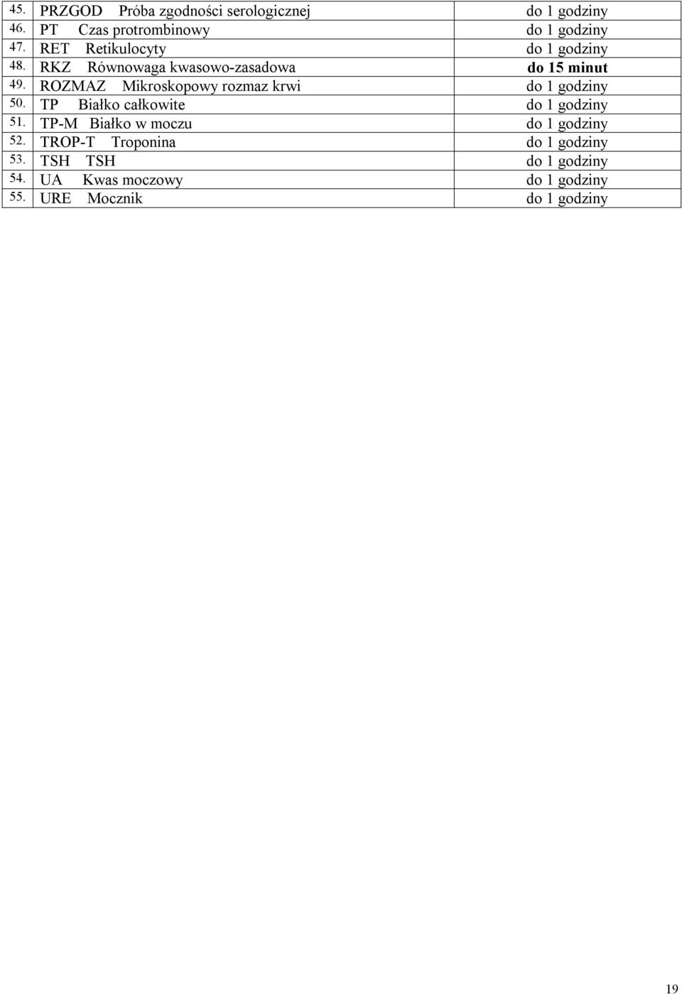 ROZMAZ Mikroskopowy rozmaz krwi do 1 godziny 50. TP Białko całkowite do 1 godziny 51.