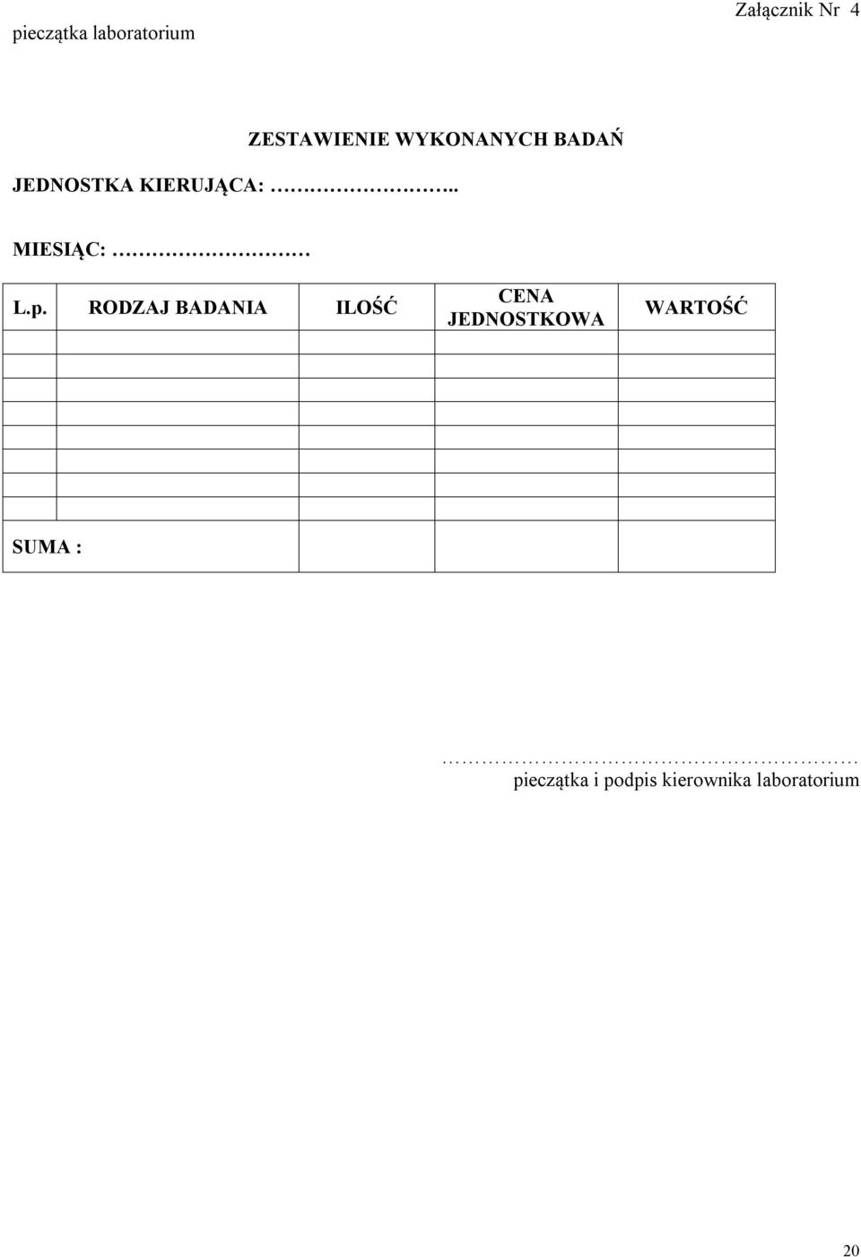 p. RODZAJ BADANIA ILOŚĆ CENA JEDNOSTKOWA WARTOŚĆ