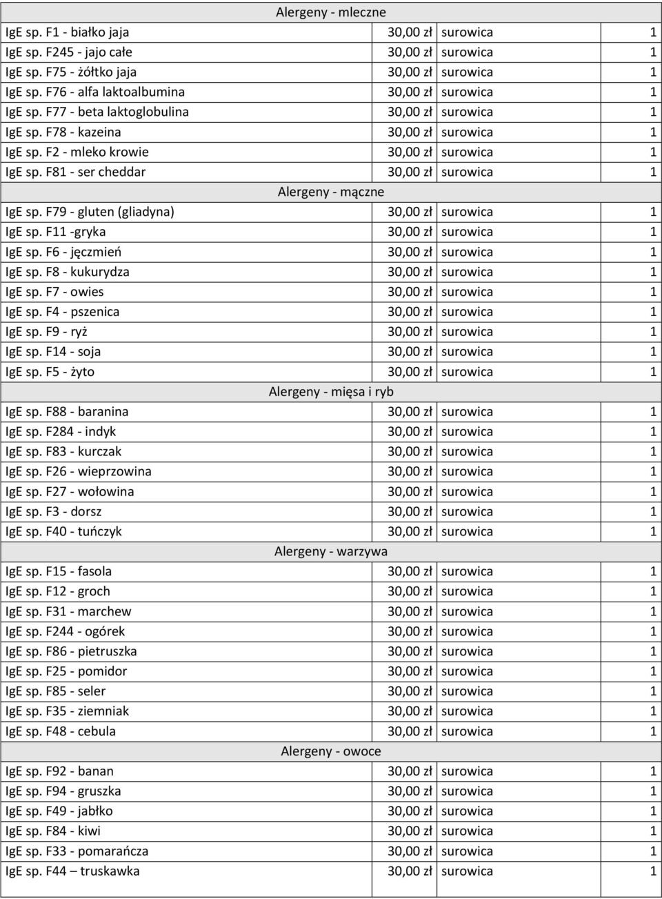 F81 - ser cheddar 30,00 zł surowica 1 Alergeny - mączne IgE sp. F79 - gluten (gliadyna) 30,00 zł surowica 1 IgE sp. F11 -gryka 30,00 zł surowica 1 IgE sp. F6 - jęczmień 30,00 zł surowica 1 IgE sp.