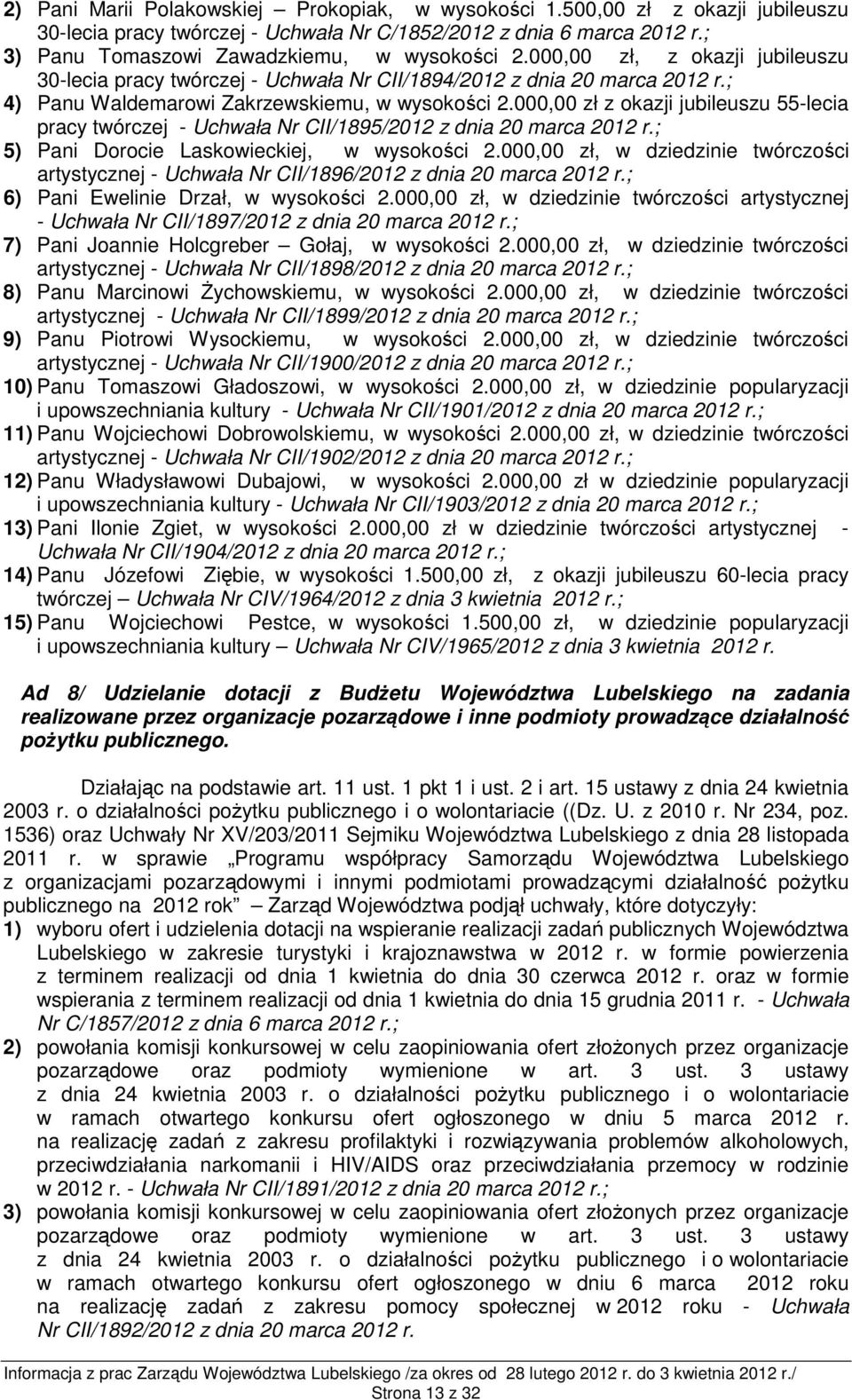 000,00 zł z okazji jubileuszu 55-lecia pracy twórczej - Uchwała Nr CII/1895/2012 z dnia 20 marca 2012 r.; 5) Pani Dorocie Laskowieckiej, w wysokości 2.