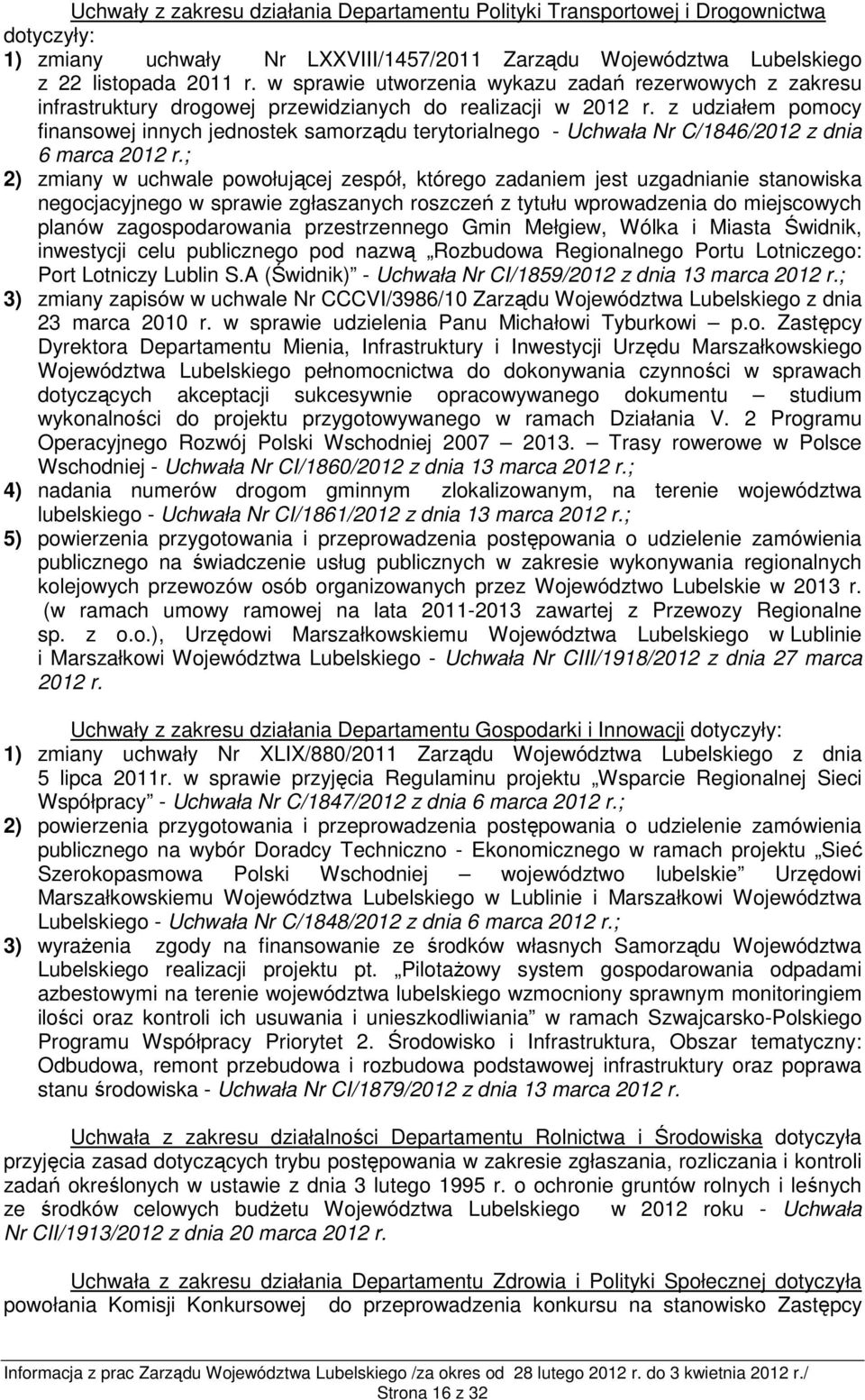 z udziałem pomocy finansowej innych jednostek samorządu terytorialnego - Uchwała Nr C/1846/2012 z dnia 6 marca 2012 r.
