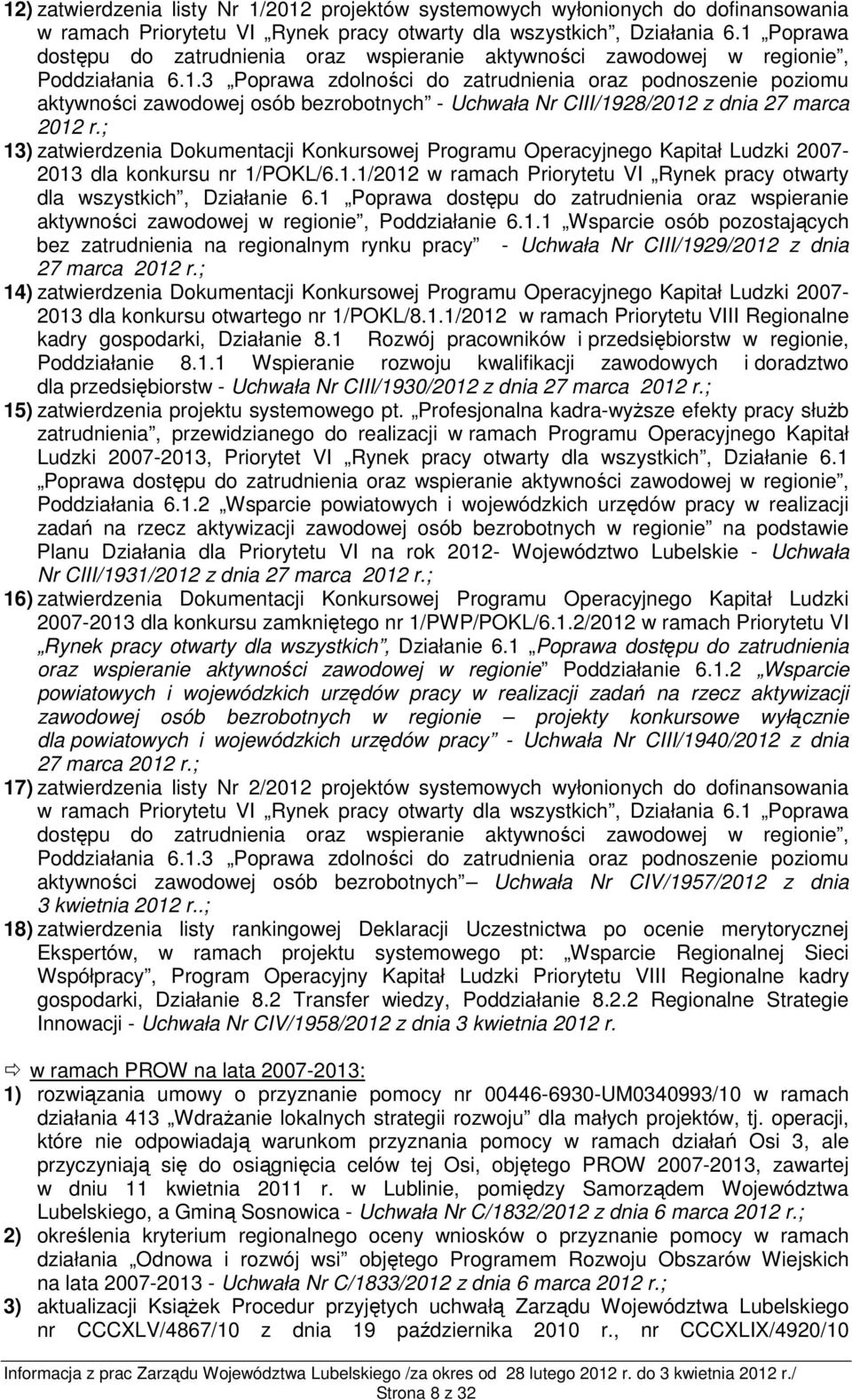 ; 13) zatwierdzenia Dokumentacji Konkursowej Programu Operacyjnego Kapitał Ludzki 2007-2013 dla konkursu nr 1/POKL/6.1.1/2012 w ramach Priorytetu VI Rynek pracy otwarty dla wszystkich, Działanie 6.