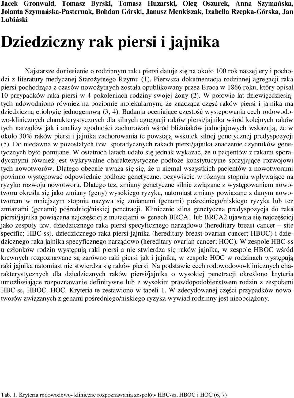 Pierwsza dokumentacja rodzinnej agregacji raka piersi pochodząca z czasów nowoŝytnych została opublikowany przez Broca w 1866 roku, który opisał 10 przypadków raka piersi w 4 pokoleniach rodziny