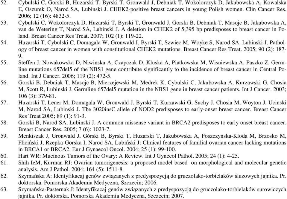 A deletion in CHEK2 of 5,395 bp predisposes to breast cancer in Poland. Breast Cancer Res Treat. 2007; 102 (1): 119-22. 54.