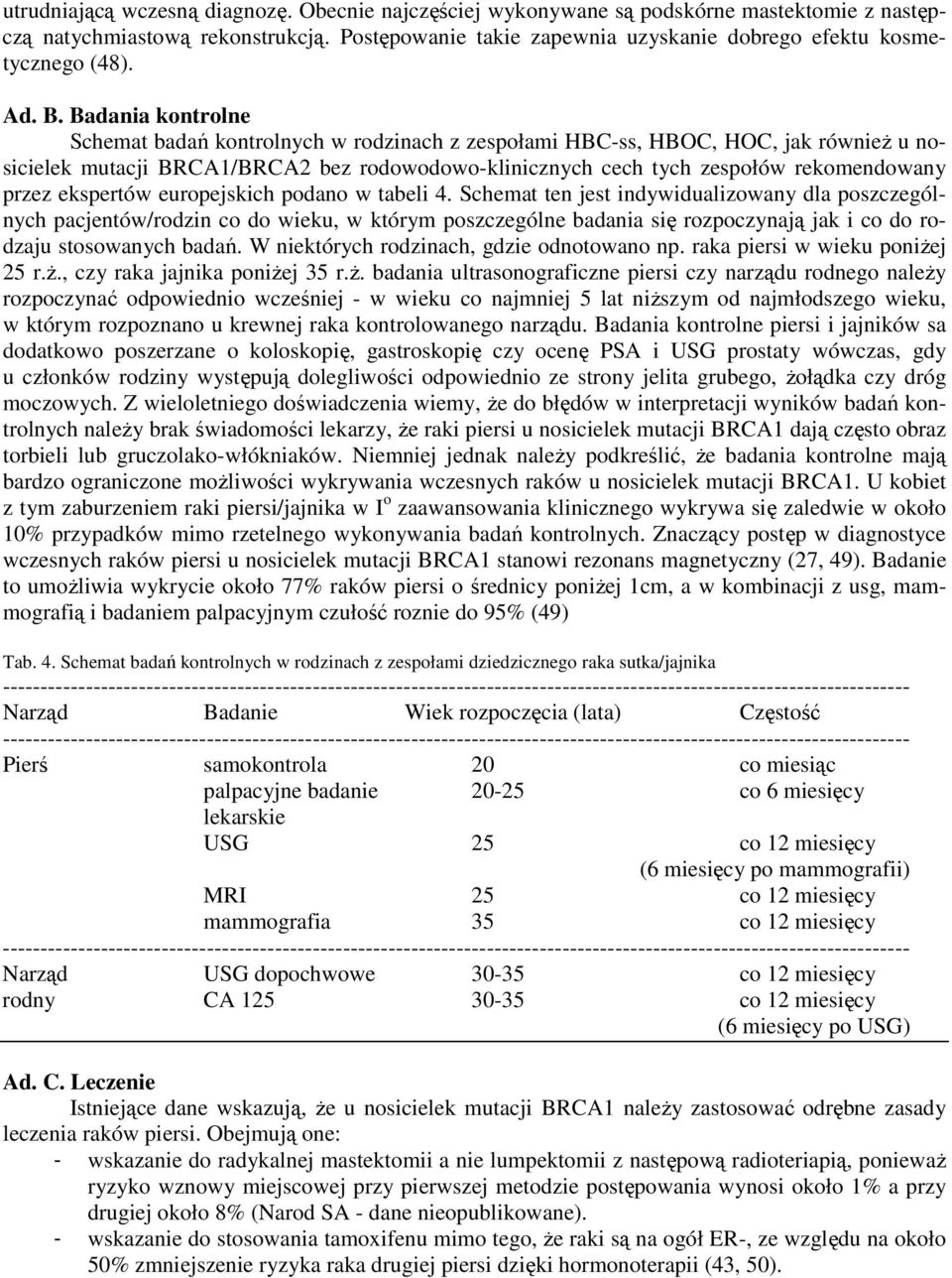 Badania kontrolne Schemat badań kontrolnych w rodzinach z zespołami HBC-ss, HBOC, HOC, jak równieŝ u nosicielek mutacji BRCA1/BRCA2 bez rodowodowo-klinicznych cech tych zespołów rekomendowany przez