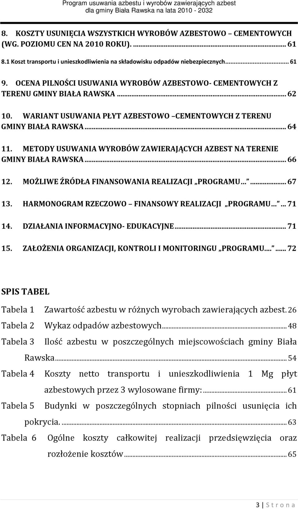 METODY USUWANIA WYROBÓW ZAWIERAJĄCYCH AZBEST NA TERENIE GMINY BIAŁA RAWSKA... 66 12. MOŻLIWE ŹRÓDŁA FINANSOWANIA REALIZACJI PROGRAMU... 67 13. HARMONOGRAM RZECZOWO FINANSOWY REALIZACJI PROGRAMU.