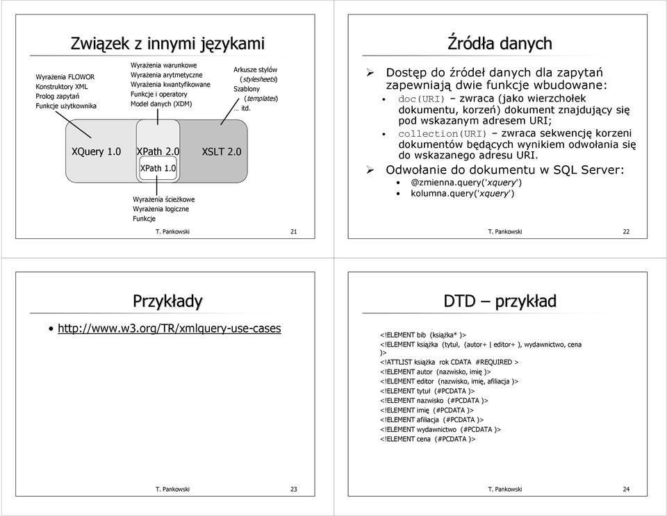 Pankowski 21 Źródła a danych Dostęp do źródeł danych dla zapytań zapewniają dwie funkcje wbudowane: doc(uri) zwraca (jako wierzchołek dokumentu, korzeń) dokument znajdujący się pod wskazanym adresem