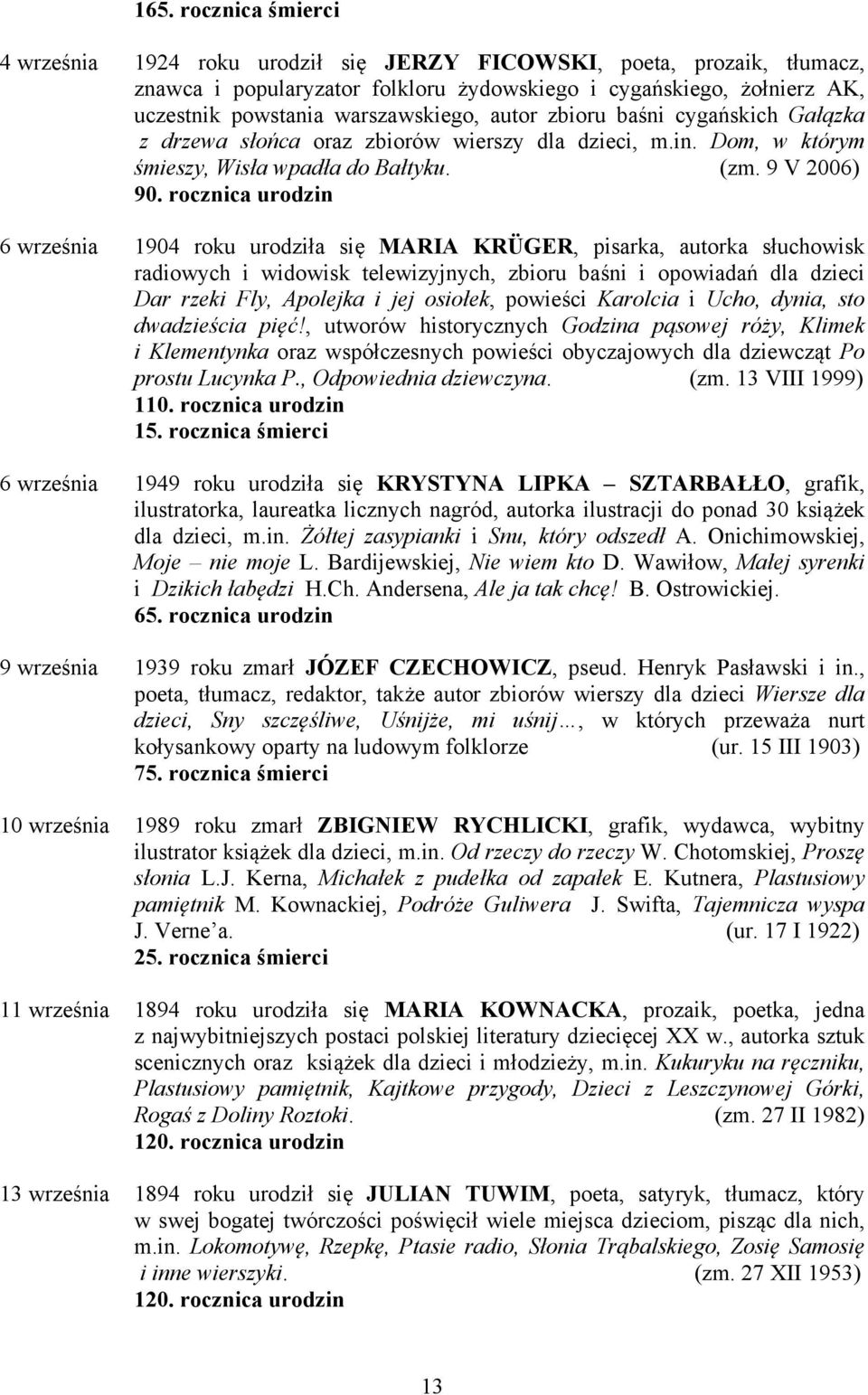 rocznica urodzin 6 września 1904 roku urodziła się MARIA KRÜGER, pisarka, autorka słuchowisk radiowych i widowisk telewizyjnych, zbioru baśni i opowiadań dla dzieci Dar rzeki Fly, Apolejka i jej