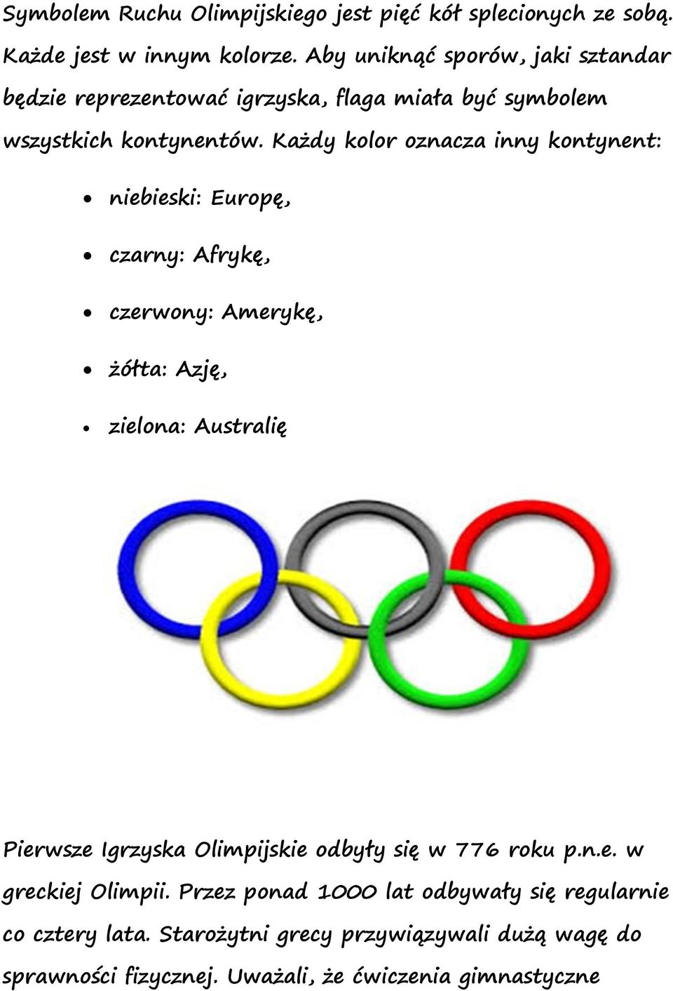 Każdy kolor oznacza inny kontynent: niebieski: Europę, czarny: Afrykę, czerwony: Amerykę, żółta: Azję, zielona: Australię Pierwsze Igrzyska