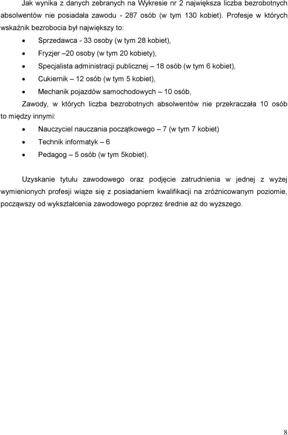 Cukiernik 12 osób (w tym 5 kobiet), Mechanik pojazdów samochodowych 10 osób, Zawody, w których liczba bezrobotnych absolwentów nie przekraczała 10 osób to między innymi: Nauczyciel nauczania