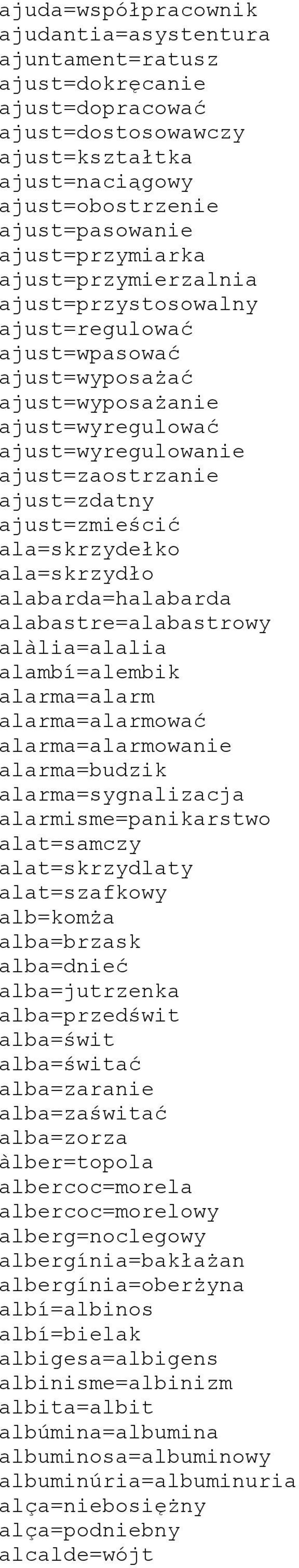 ala=skrzydełko ala=skrzydło alabarda=halabarda alabastre=alabastrowy alàlia=alalia alambí=alembik alarma=alarm alarma=alarmować alarma=alarmowanie alarma=budzik alarma=sygnalizacja