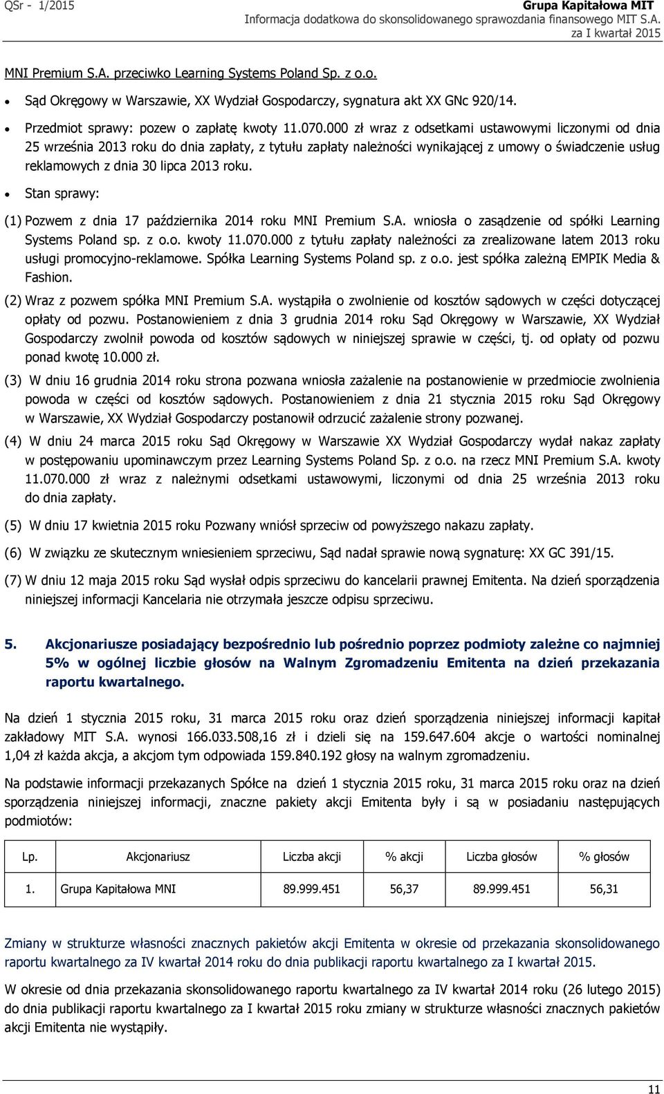 Stan sprawy: (1) Pozwem z dnia 17 października 2014 roku MNI Premium S.A. wniosła o zasądzenie od spółki Learning Systems Poland sp. z o.o. kwoty 11.070.