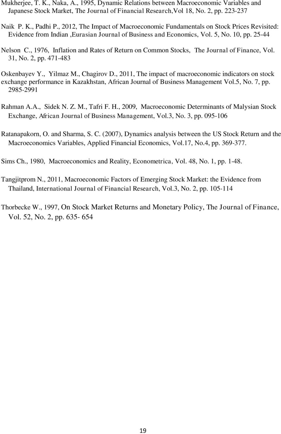 , 1976, Inflation and Rates of Return on Common Stocks, The Journal of Finance, Vol. 31, No. 2, pp. 471-483 Oskenbayev Y., Yilmaz M., Chagirov D.