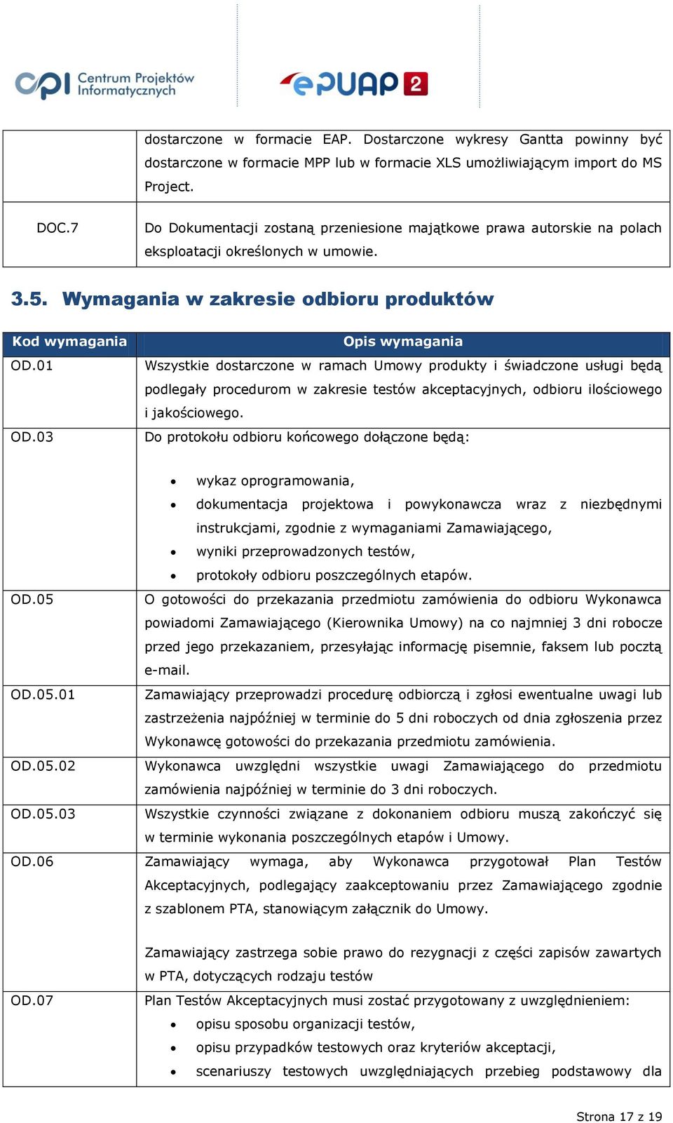 03 Opis wymagania Wszystkie dostarczone w ramach Umowy produkty i świadczone usługi będą podlegały procedurom w zakresie testów akceptacyjnych, odbioru ilościowego i jakościowego.