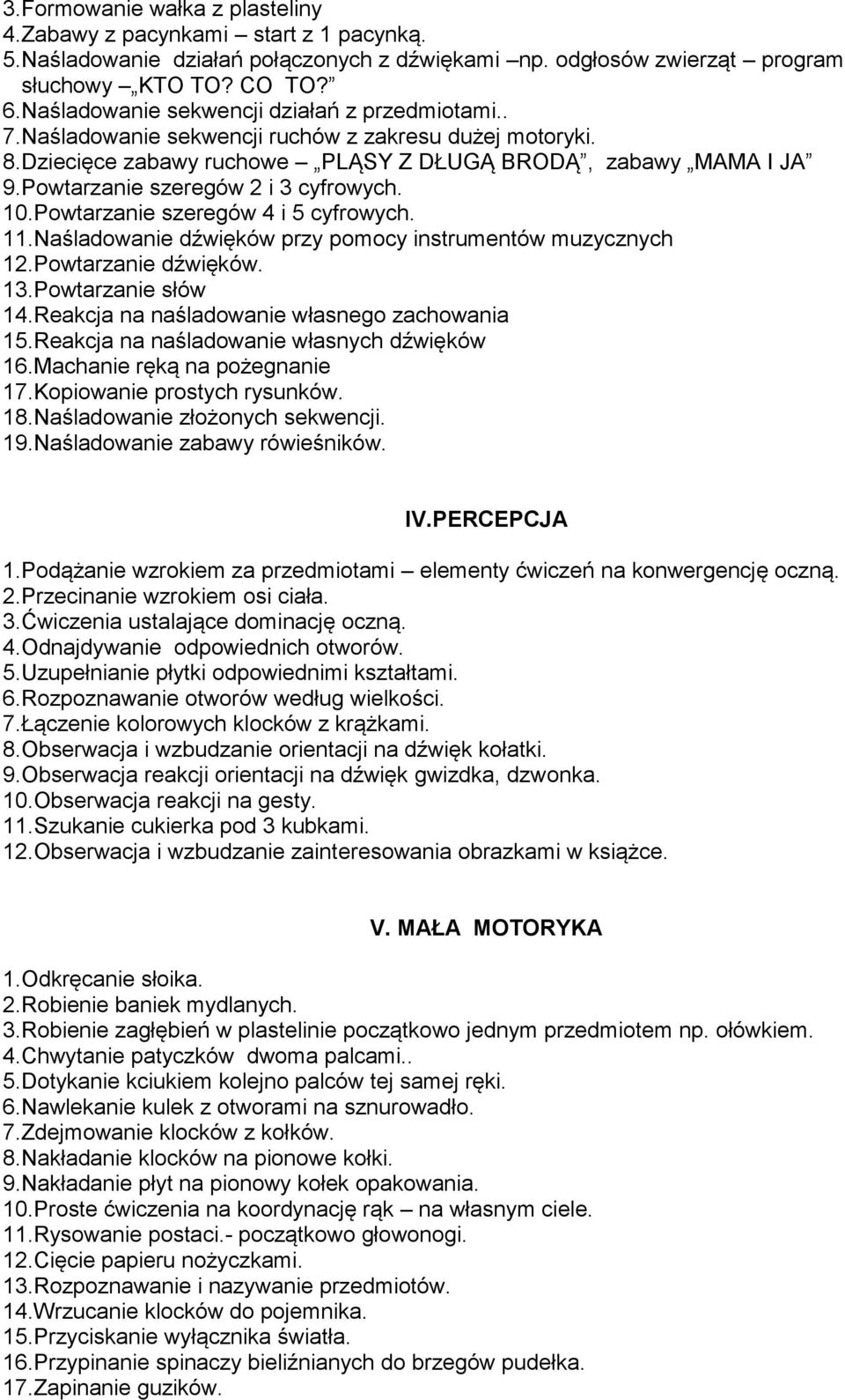 Powtarzanie szeregów 2 i 3 cyfrowych. 10.Powtarzanie szeregów 4 i 5 cyfrowych. 11.Naśladowanie dźwięków przy pomocy instrumentów muzycznych 12.Powtarzanie dźwięków. 13.Powtarzanie słów 14.