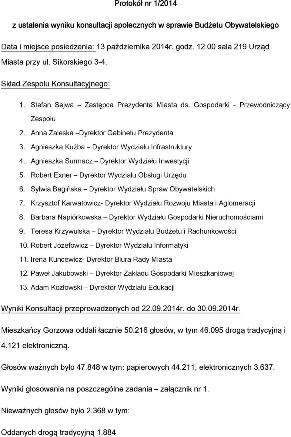 Agnieszka Kuźba Dyrektor Wydziału Infrastruktury 4. Agnieszka Surmacz Dyrektor Wydziału Inwestycji 5. Robert Exner Dyrektor Wydziału Obsługi Urzędu 6.