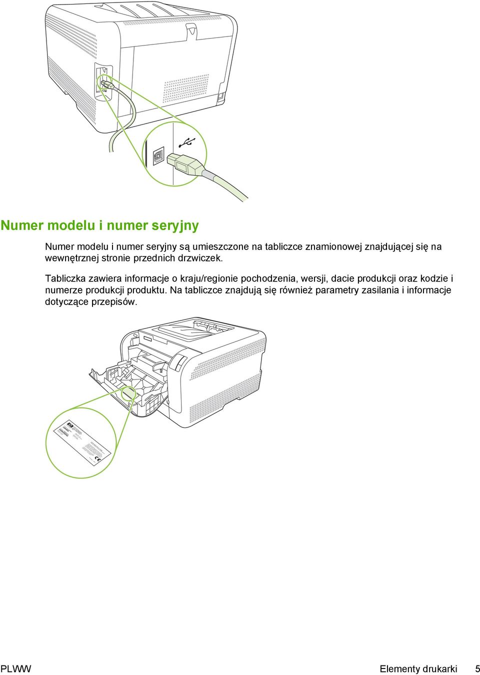 przednich drzwiczek. Tabliczka zawiera informacje o kraju/regionie pochodzenia, wersji, dacie produkcji oraz kodzie i numerze produkcji produktu.