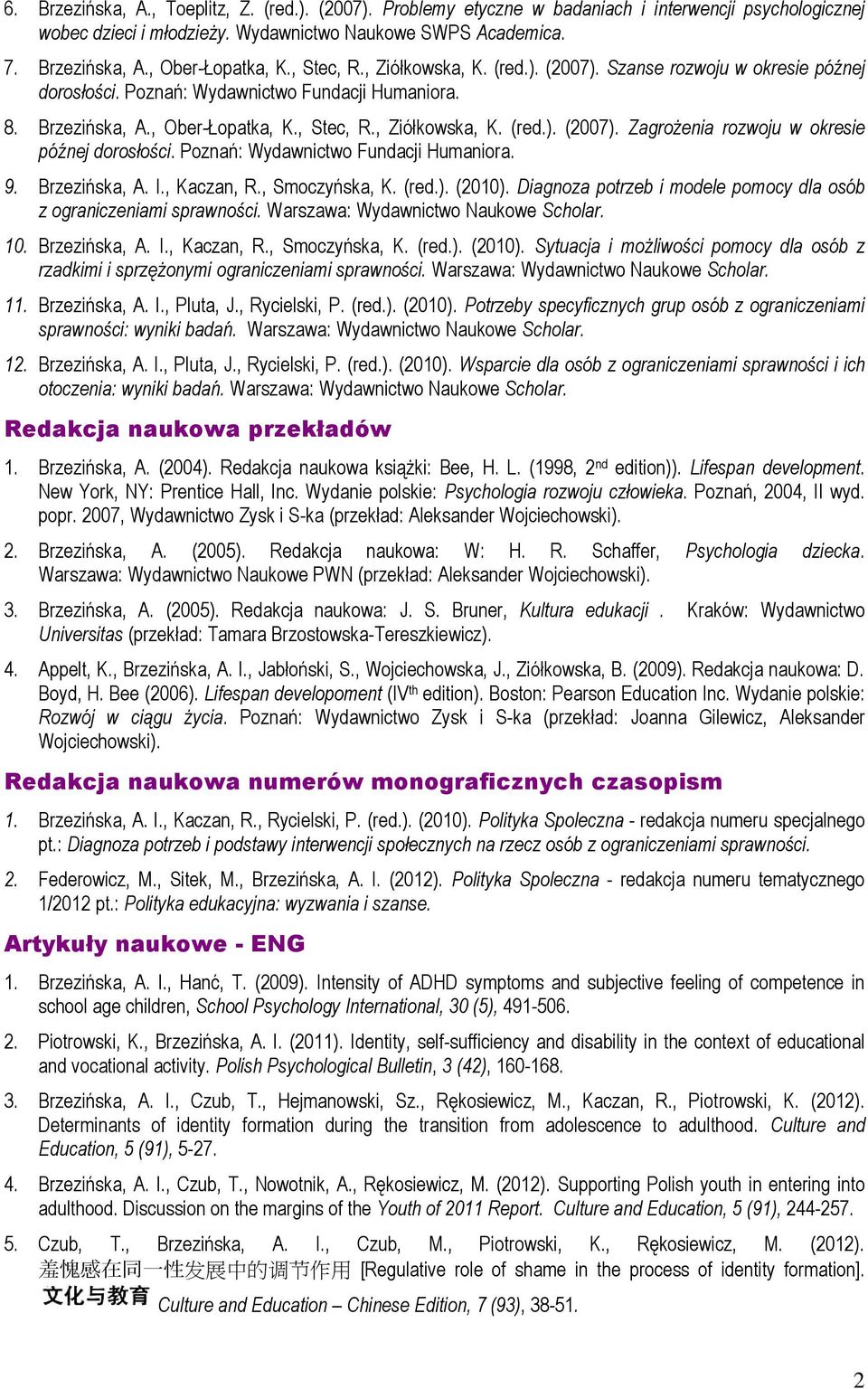 Poznań: Wydawnictwo Fundacji Humaniora. 9. Brzezińska, A. I., Kaczan, R., Smoczyńska, K. (red.). (2010). Diagnoza potrzeb i modele pomocy dla osób z ograniczeniami sprawności.