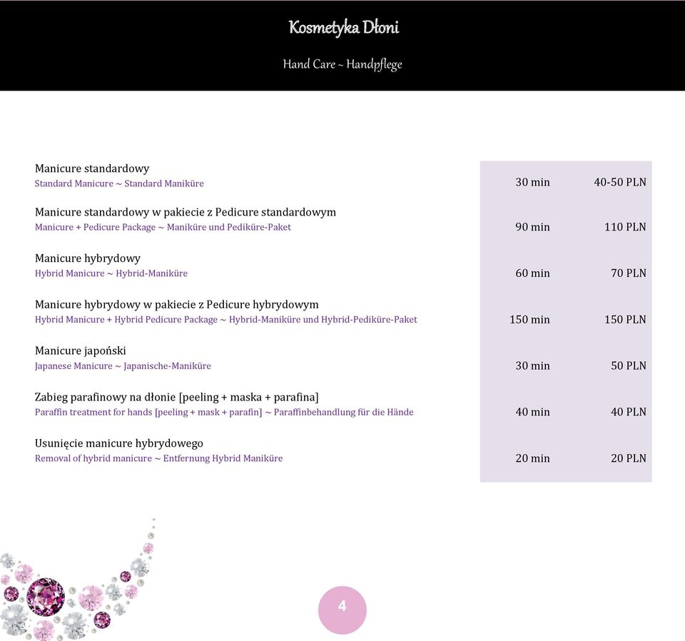 Package ~ Hybrid-Maniküre und Hybrid-Pediküre-Paket 150 min 150 PLN Manicure japoński Japanese Manicure ~ Japanische-Maniküre 30 min 50 PLN Zabieg parafinowy na dłonie [peeling + maska + parafina]