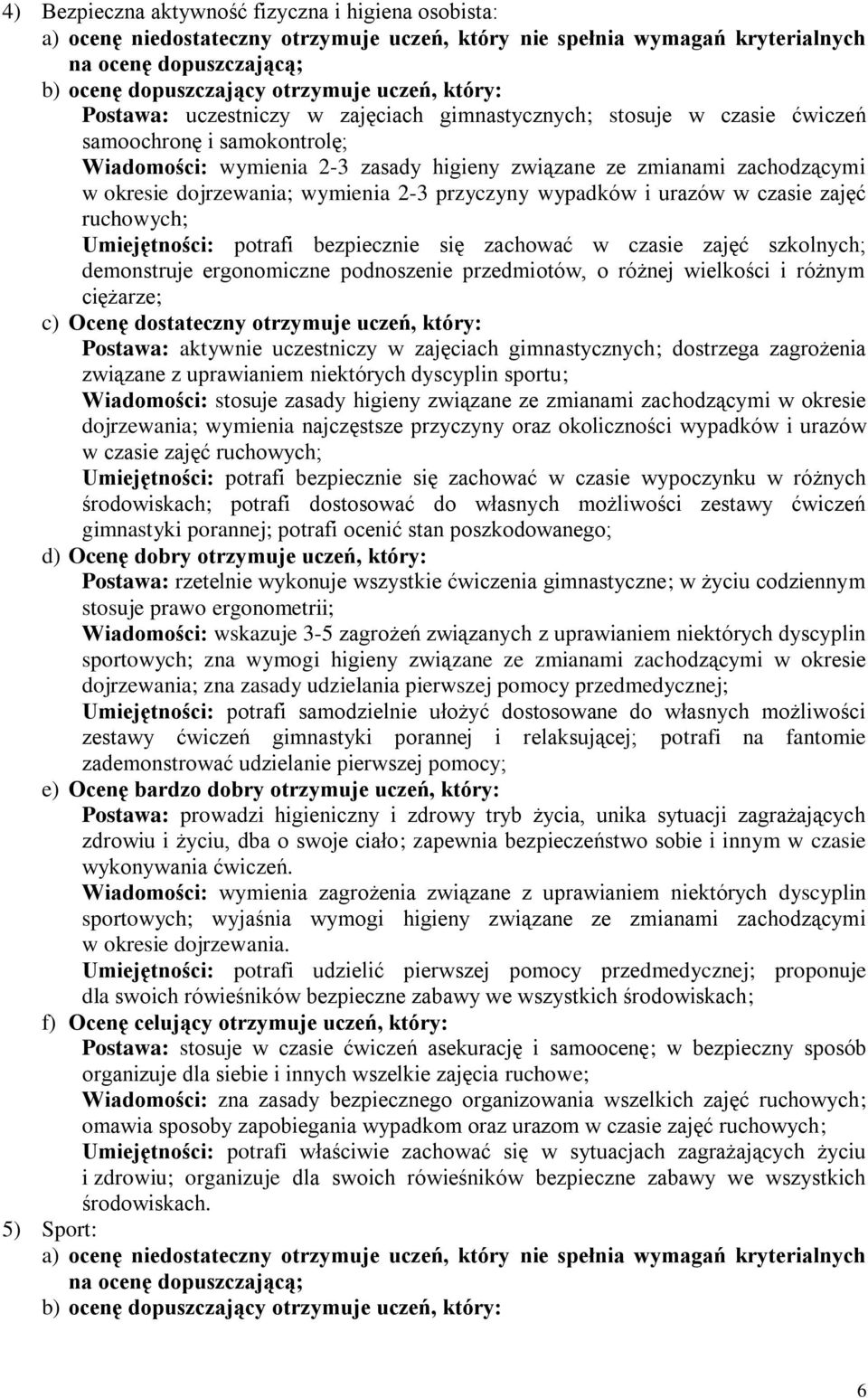 demonstruje ergonomiczne podnoszenie przedmiotów, o różnej wielkości i różnym ciężarze; Postawa: aktywnie uczestniczy w zajęciach gimnastycznych; dostrzega zagrożenia związane z uprawianiem