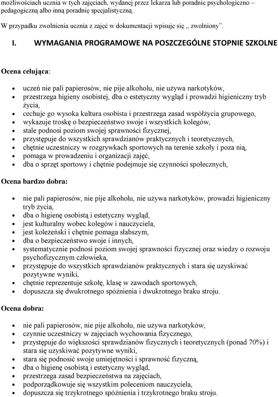 WYMAGANIA PROGRAMOWE NA POSZCZEGÓLNE STOPNIE SZKOLNE Ocena celująca: uczeń nie pali papierosów, nie pije alkoholu, nie używa narkotyków, przestrzega higieny osobistej, dba o estetyczny wygląd i