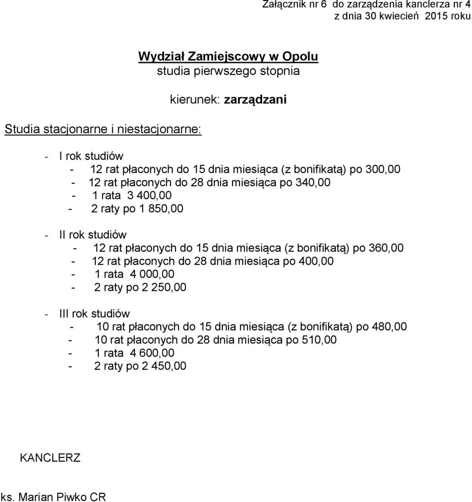 studiów - 12 rat płaconych do 15 dnia miesiąca (z bonifikatą) po 360,00-12 rat płaconych do 28 dnia miesiąca po 400,00-1 rata 4 000,00-2 raty po 2 250,00 - III rok