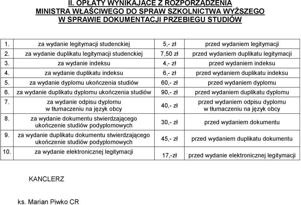 za wydanie indeksu 4,- zł przed wydaniem indeksu 4. za wydanie duplikatu indeksu 6,- zł przed wydaniem duplikatu indeksu 5. za wydanie dyplomu ukończenia studiów 60,- zł przed wydaniem dyplomu 6.