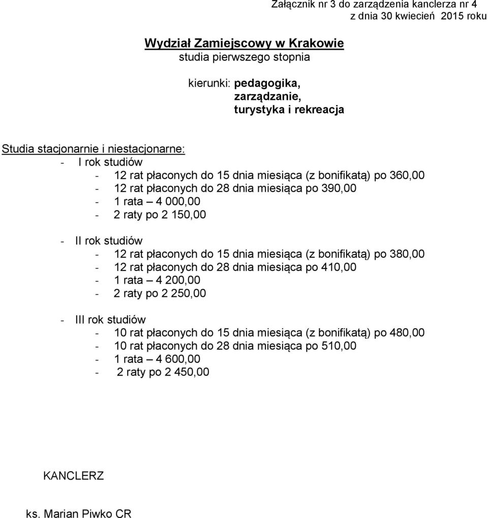 150,00 - II rok studiów - 12 rat płaconych do 15 dnia miesiąca (z bonifikatą) po 380,00-12 rat płaconych do 28 dnia miesiąca po 410,00-1 rata 4 200,00-2 raty po 2 250,00 - III