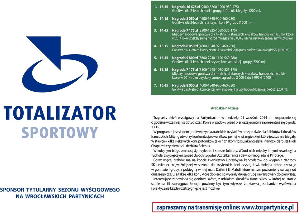 . 1. Nagroda 9 800 zł (00-0-110-0-80) Gonitwa dla -letnich koni czystej krwi arabskiej I grupy (00 m).. 1.1 Nagroda 1 zł (00-19-100--1) Międzynarodowa gonitwa dla -letnich i starszych kłusaków francuskich (sulki), które w 01 roku uzyskały sumę nagród od 000 do 999 (00 m).