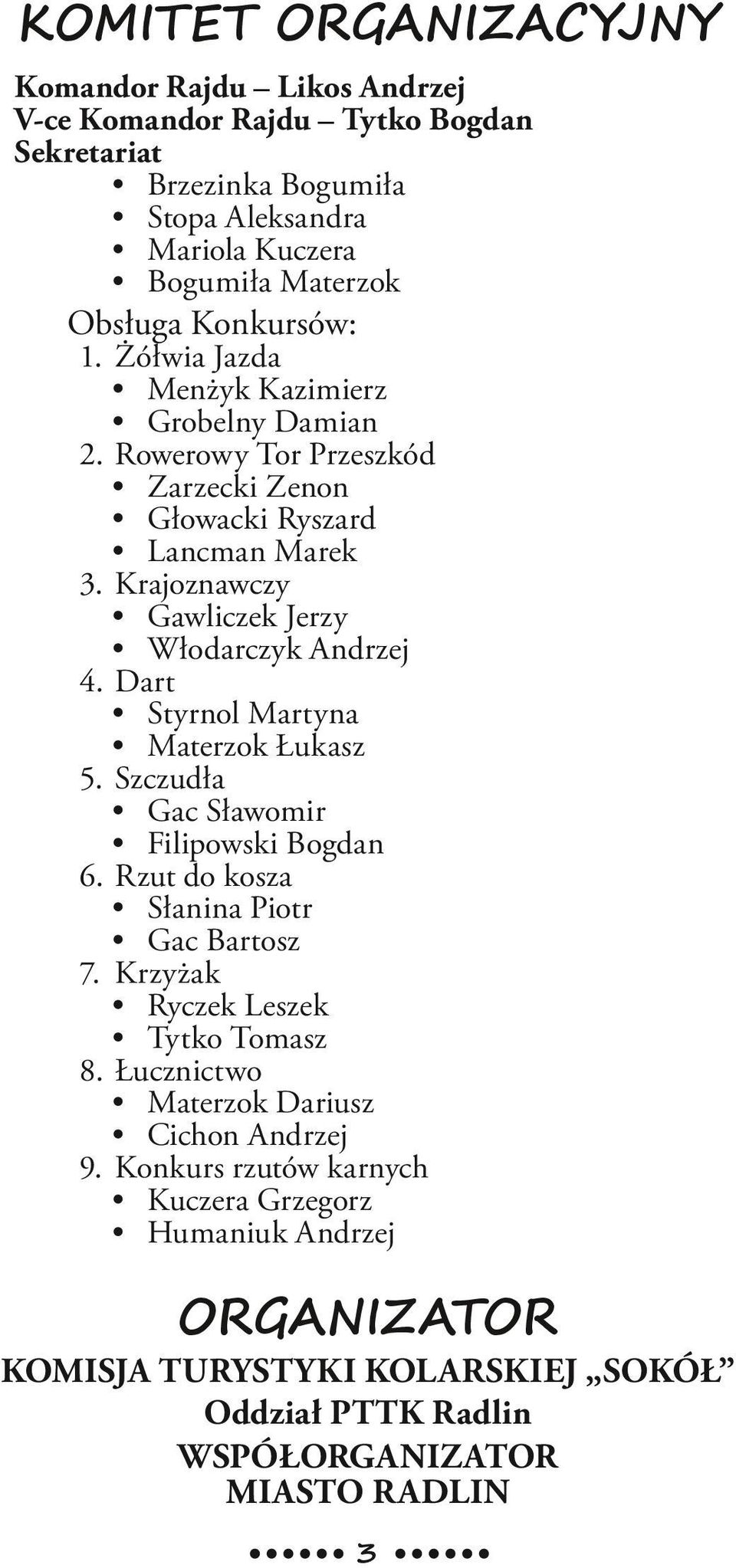 Krajoznawczy Gawliczek Jerzy Włodarczyk Andrzej 4. Dart Styrnol Martyna Materzok Łukasz 5. Szczudła Gac Sławomir Filipowski Bogdan 6. Rzut do kosza Słanina Piotr Gac Bartosz 7.