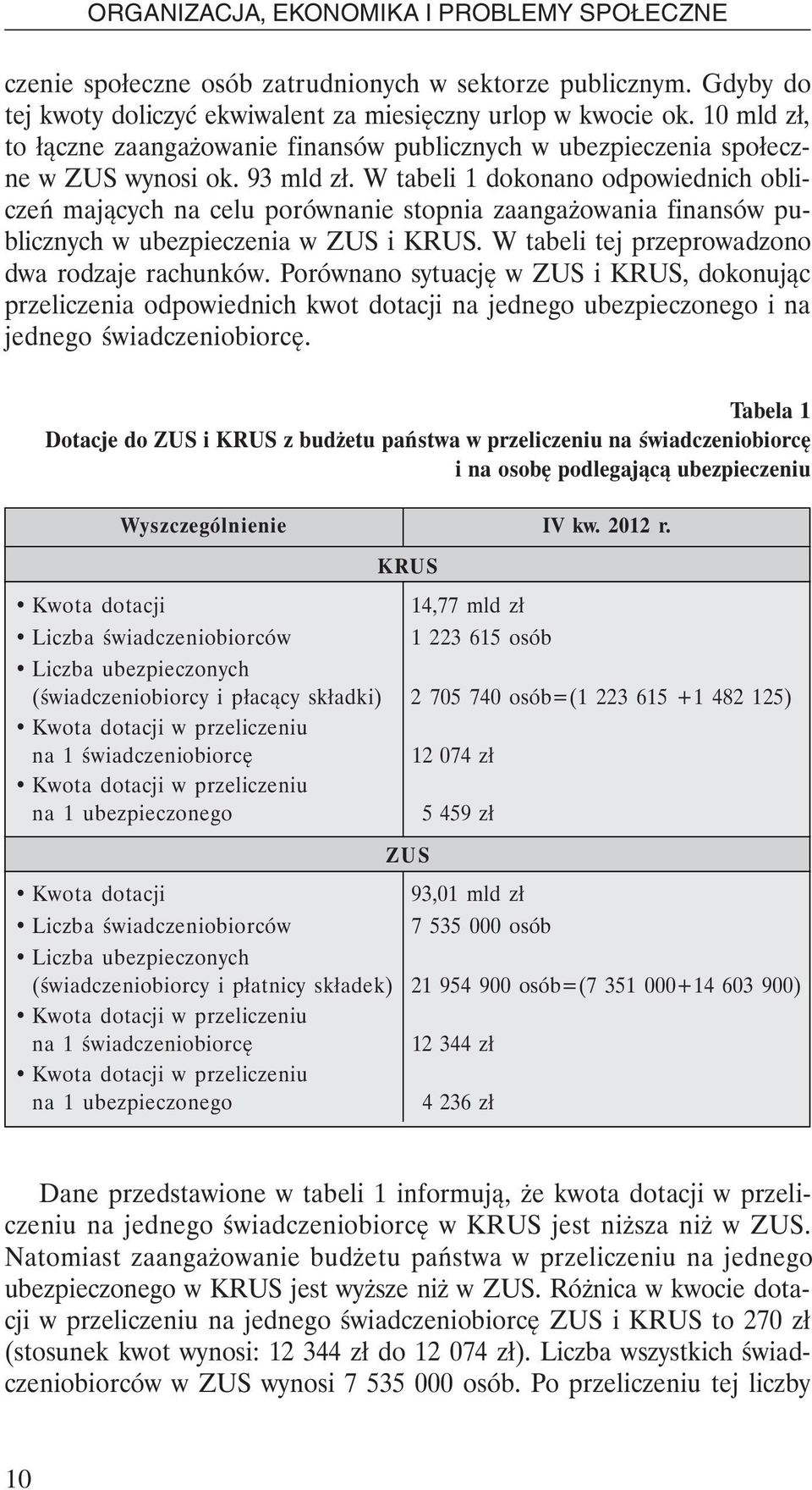 W tabeli 1 dokonano odpowiednich obliczeń mających na celu porównanie stopnia zaangażowania finansów publicznych w ubezpieczenia w ZUS i KRUS. W tabeli tej przeprowadzono dwa rodzaje rachunków.