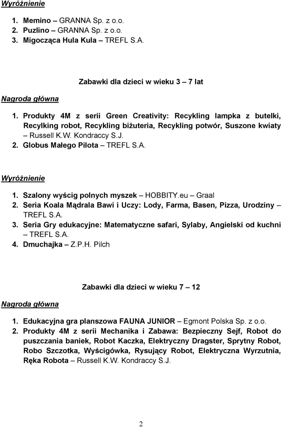 1. Szalony wyścig polnych myszek HOBBITY.eu Graal 2. Seria Koala Mądrala Bawi i Uczy: Lody, Farma, Basen, Pizza, Urodziny TREFL S.A. 3.