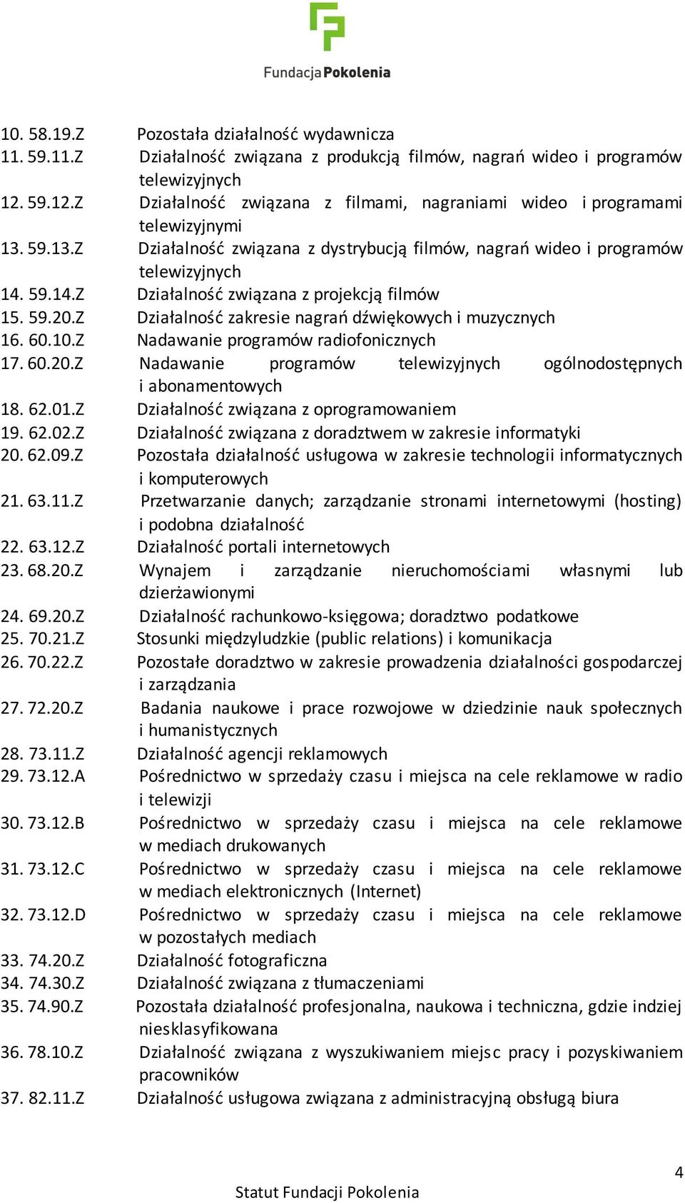 59.14.Z Działalność związana z projekcją filmów 15. 59.20.Z Działalność zakresie nagrań dźwiękowych i muzycznych 16. 60.10.Z Nadawanie programów radiofonicznych 17. 60.20.Z Nadawanie programów telewizyjnych ogólnodostępnych i abonamentowych 18.