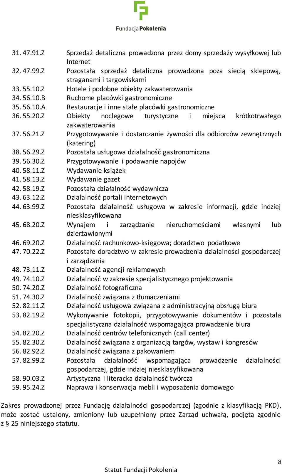 Z Obiekty noclegowe turystyczne i miejsca krótkotrwałego zakwaterowania 37. 56.21.Z Przygotowywanie i dostarczanie żywności dla odbiorców zewnętrznych (katering) 38. 56.29.