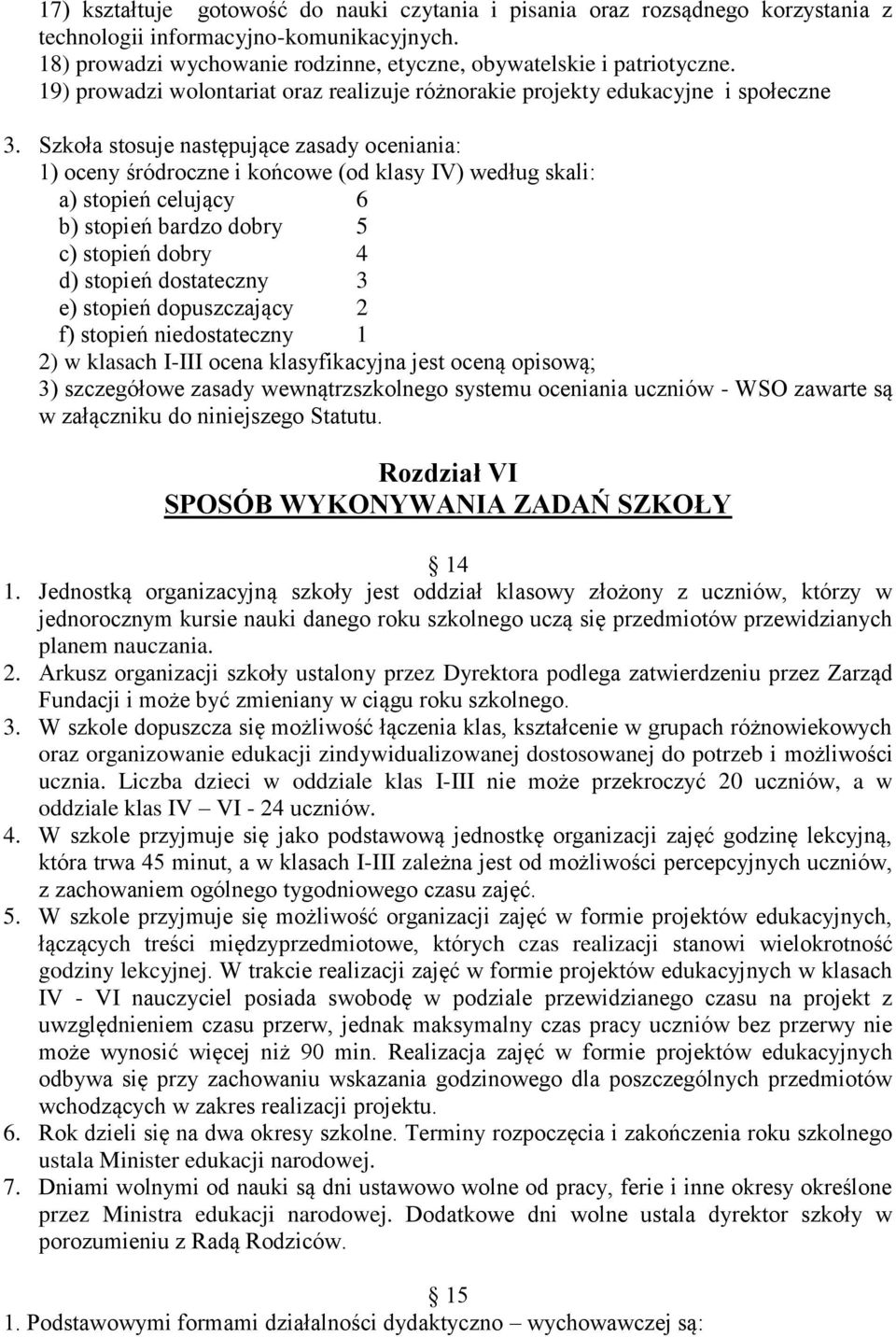 Szkoła stosuje następujące zasady oceniania: 1) oceny śródroczne i końcowe (od klasy IV) według skali: a) stopień celujący 6 b) stopień bardzo dobry 5 c) stopień dobry 4 d) stopień dostateczny 3 e)