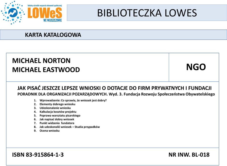 Elementy dobrego wniosku 3. Udoskonalanie wniosku 4. Kalkulacja kosztów projektu 5. Poprawa warsztatu pisarskiego 6.