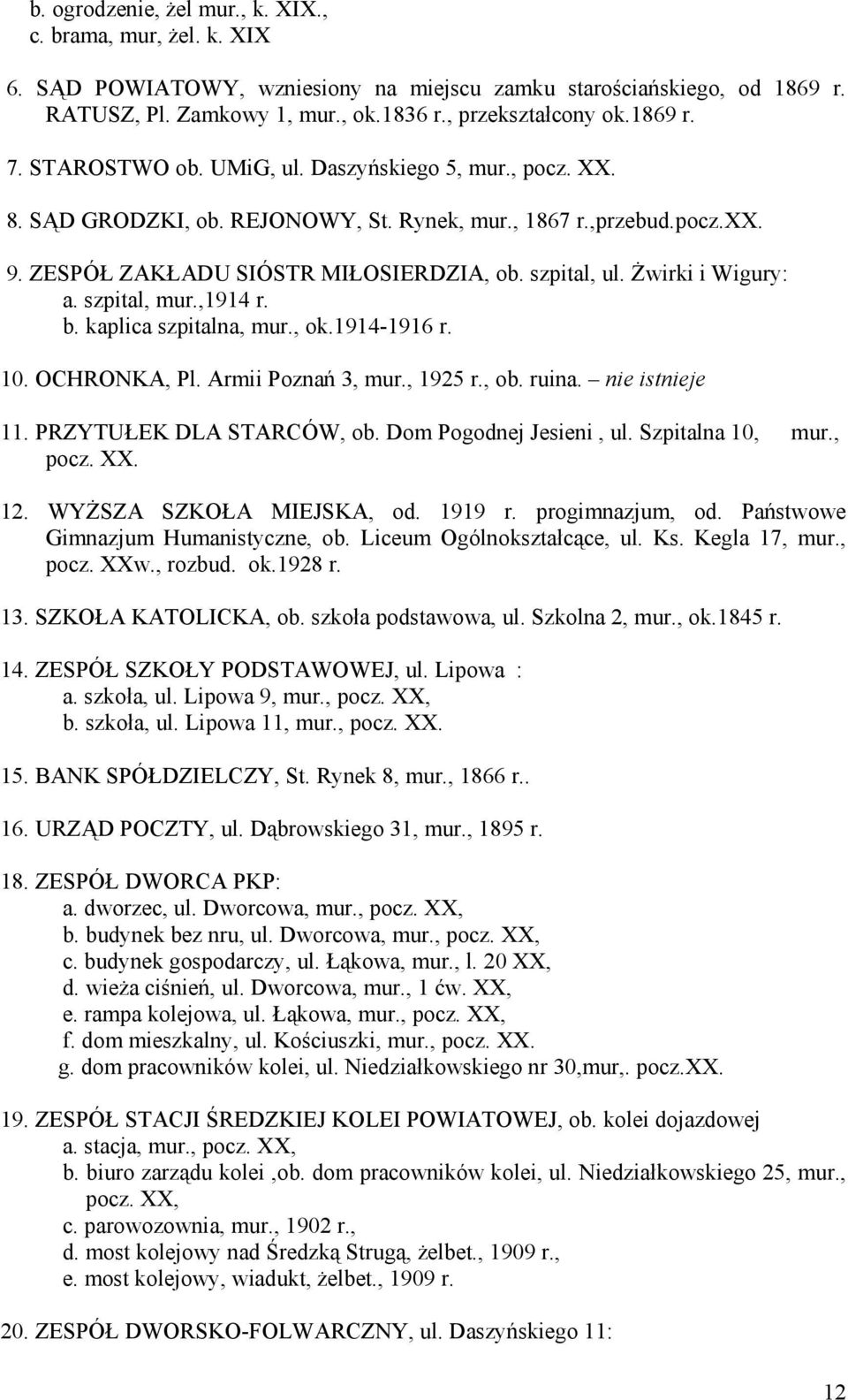 Żwirki i Wigury: a. szpital, mur.,1914 r. b. kaplica szpitalna, mur., ok.1914-1916 r. 10. OCHRONKA, Pl. Armii Poznań 3, mur., 1925 r., ob. ruina. nie istnieje 11. PRZYTUŁEK DLA STARCÓW, ob.