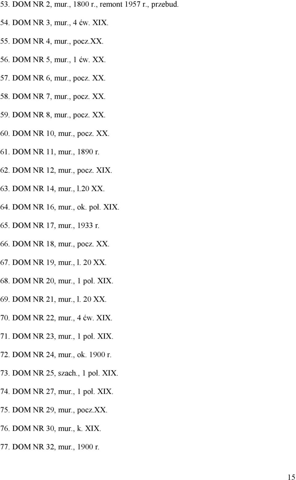 DOM NR 17, mur., 1933 r. 66. DOM NR 18, mur., pocz. XX. 67. DOM NR 19, mur., l. 20 XX. 68. DOM NR 20, mur., 1 poł. XIX. 69. DOM NR 21, mur., l. 20 XX. 70. DOM NR 22, mur., 4 ćw. XIX. 71.